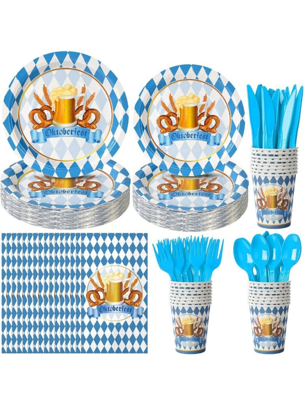 Oktoberfest Party Supplies Set for 50 - Blue & White Disposable Plates, Napkins